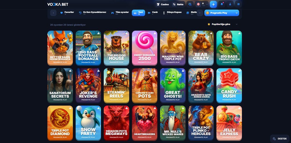 Vodka Casino'da Pragmatic Play yeni oyunlar kataloğu ekran görüntüsü